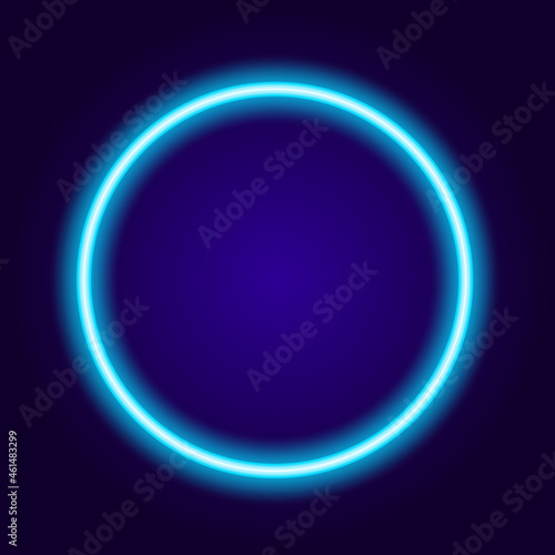 Neon circle of blue color. A round-shaped vector frame glowing in the dark with a bright blue outline with an empty space inside for text. neon sign template