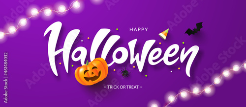 Happy Halloween background with glowing pumpkin, spider, bat and garland.Flyer or invitation template for Halloween party. Vector illustration