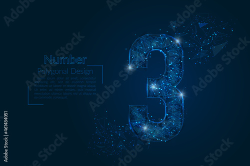Abstract isolated blue image of a number three. Polygonal illustration looks like stars in the blask night sky in spase or flying glass shards. Digital design for website, web, internet.