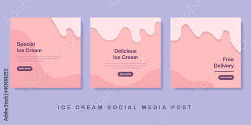 Ice cream social media post and stories template. Pink cute melted banner square. Vector illustration.