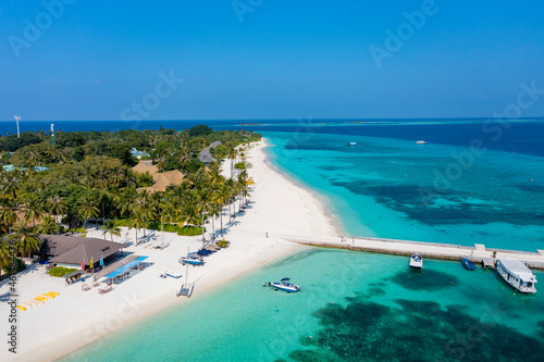 Aerial view, Kuredu with beaches and Palmtrees, Lhaviyani Atoll, Maldives, Indian Ocean, Asia photo