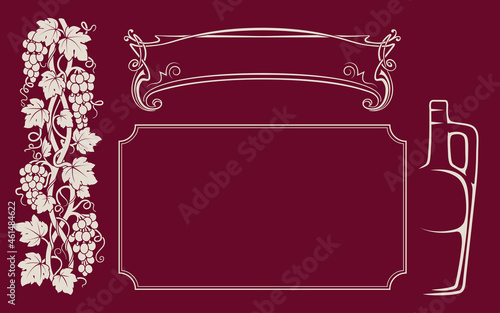 Rectangular framework with grape vines, border, banner and wine bottle, jug. Silhouette. Laser cut.