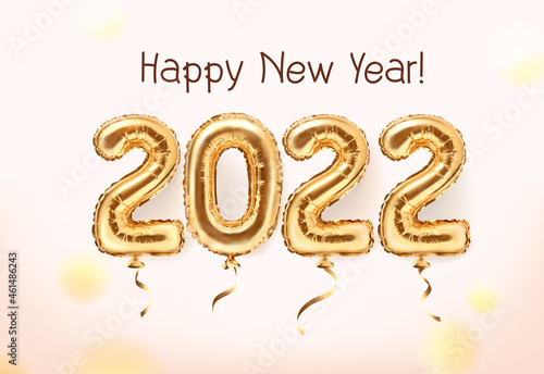 2022 golden decoration holiday on pink background. Shiny party background. Gold foil balloons numeral 2022 and confetti. Happy new year 2022 holiday. Realistic 3d vector illustration