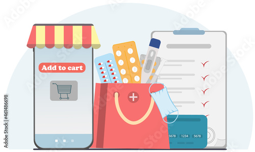 Medical pills or tablets in shopping basket, medical prescription, online shopping concept,  medical and healthcare concept, flat vector illustration