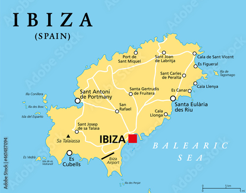Ibiza, political map. Part of the Balearic Islands, an archipelago and autonomous community of Spain in the Mediterranean Sea. Known for its nightlife and electronic dance music. Illustration. Vector. photo