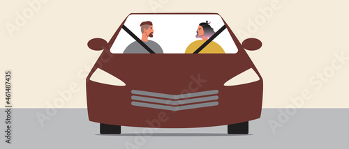 Couple in car, flat vector stock illustration with couple car, rent or sharing