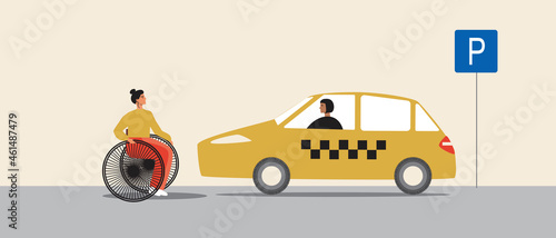 Inclusive person near taxi, flat vector stock illustration with inclusive transport and taxi car with woman driver