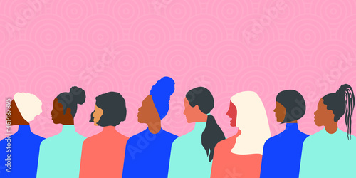Modern women of different nationalities and religions stick together and fight for equal rights. Postcard with LGBT community concept with pink background. Vector.