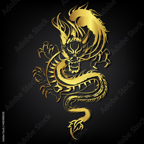 Golden dragon ,Creature big snake use brush stroke painting over black background