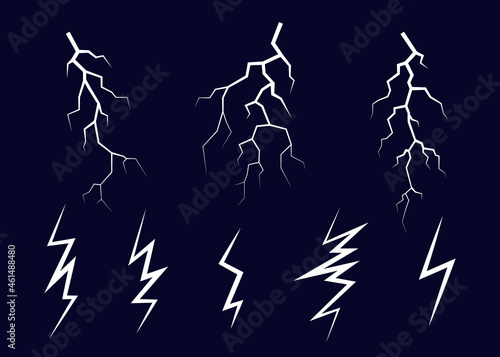 Lightning, electrostatic discharge during thunder bolt, different white line on black sky. Collection of natural phenomena of lightning or thunder. Vector illustration
