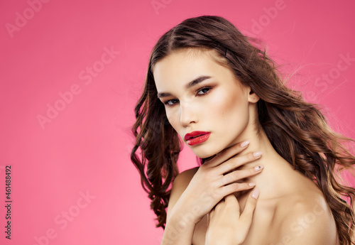 pretty woman naked shoulders makeup luxury glamor pink background