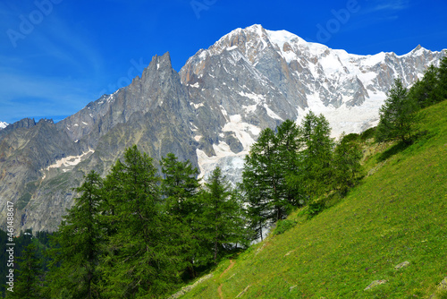 View on Mont Blanc ( Monte Bianco ) mountain range in sunny day. Aosta valley, Italy.