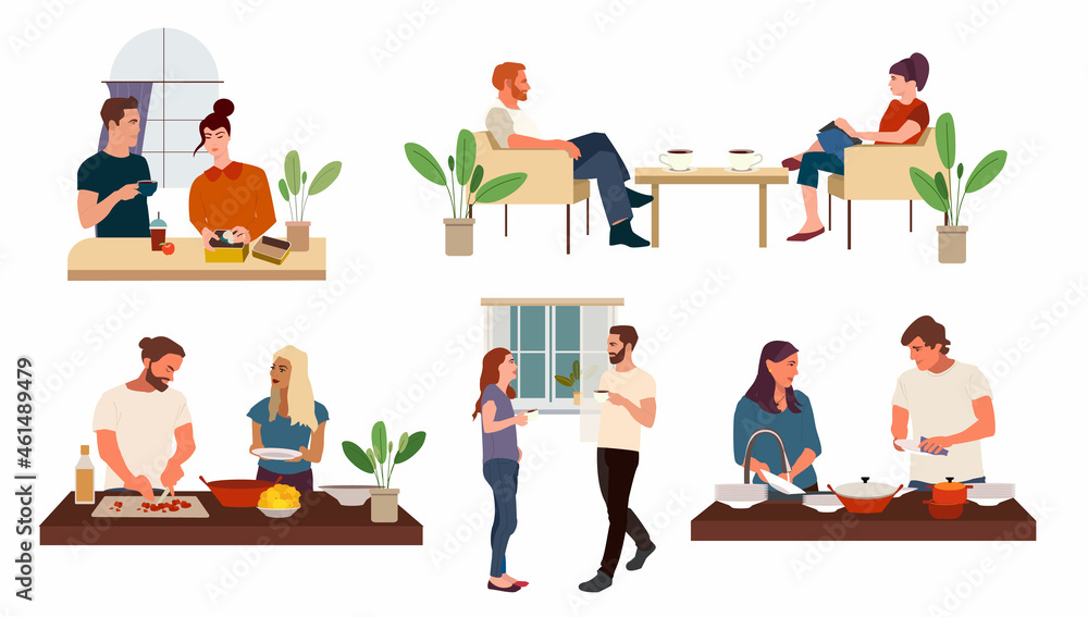 Collection of people cooking in kitchen, washing utensils, preparing lunch together, talking with cup of coffee. Flat cartoon vector illustration. Collection of people cooking in kitchen, washing utensils, preparing lunch together, talking with cup of coffee. Flat cartoon vector illustration.