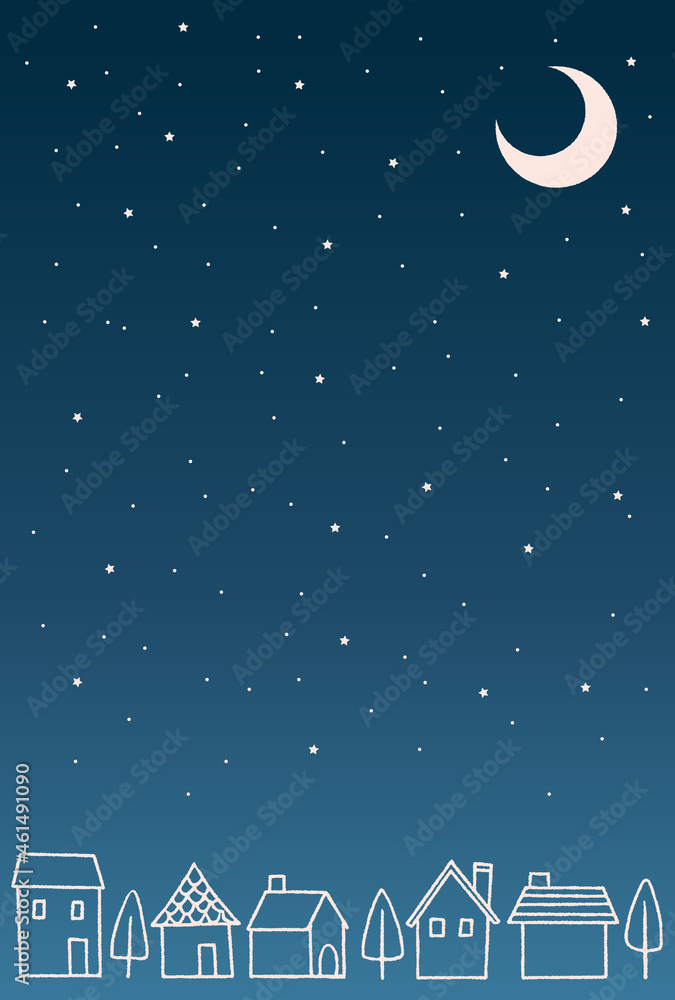 Fototapeta premium 手描き風のまちなみ_夜の住宅街
