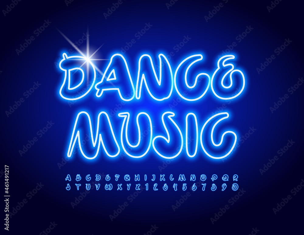 Vector neon Poster Dance Music. Blue Playful Font. Modern Glowing Alphabet Letters and Numbers Vector neon Poster Dance Music. Blue Playful Font. Modern Glowing Alphabet Letters and Numbers
