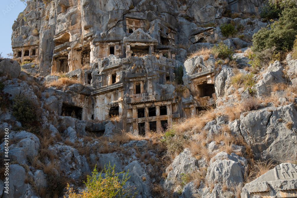 Historical Myra ancient city. Rock-cut tombs Ruins in Lycia region, Demre, Antalya, Turkey.  