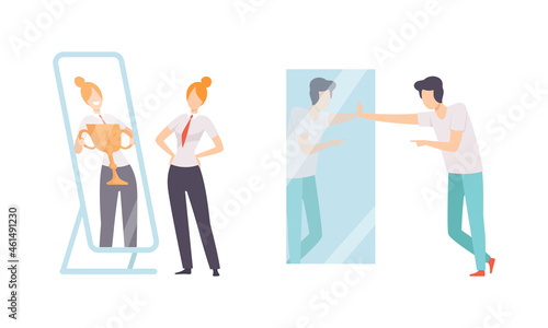 Narcissistic Man and Woman Character Looking in Mirror and Admiring of Themselves Vector Set