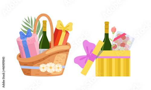 Holiday Present with Wrapped Box and Wicker Basket Full of Gifts for Special Event Vector Set