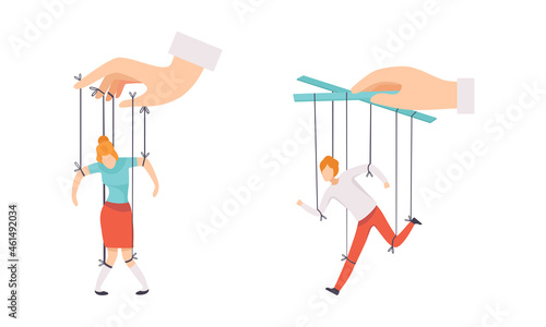 Manipulation of People with Tiny Man and Woman with Strings Controlled by Someone Vector Set
