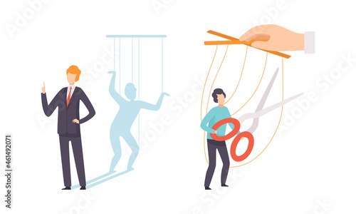 Manipulation of People with Tiny Man with Strings Controlled by Someone Vector Set photo