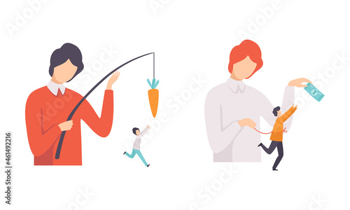 Manipulation of People with Tiny Man Chasing Hook with Money and Carrot as Controlled by Someone Vector Set