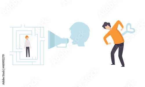 Manipulation of People with Tiny Man in Labyrinth Listening to Command and with Key Mechanism as Controlled by Someone Vector Set