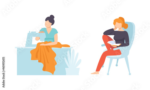 Young Female in Armchair Reading Book and Sewing Vector Set