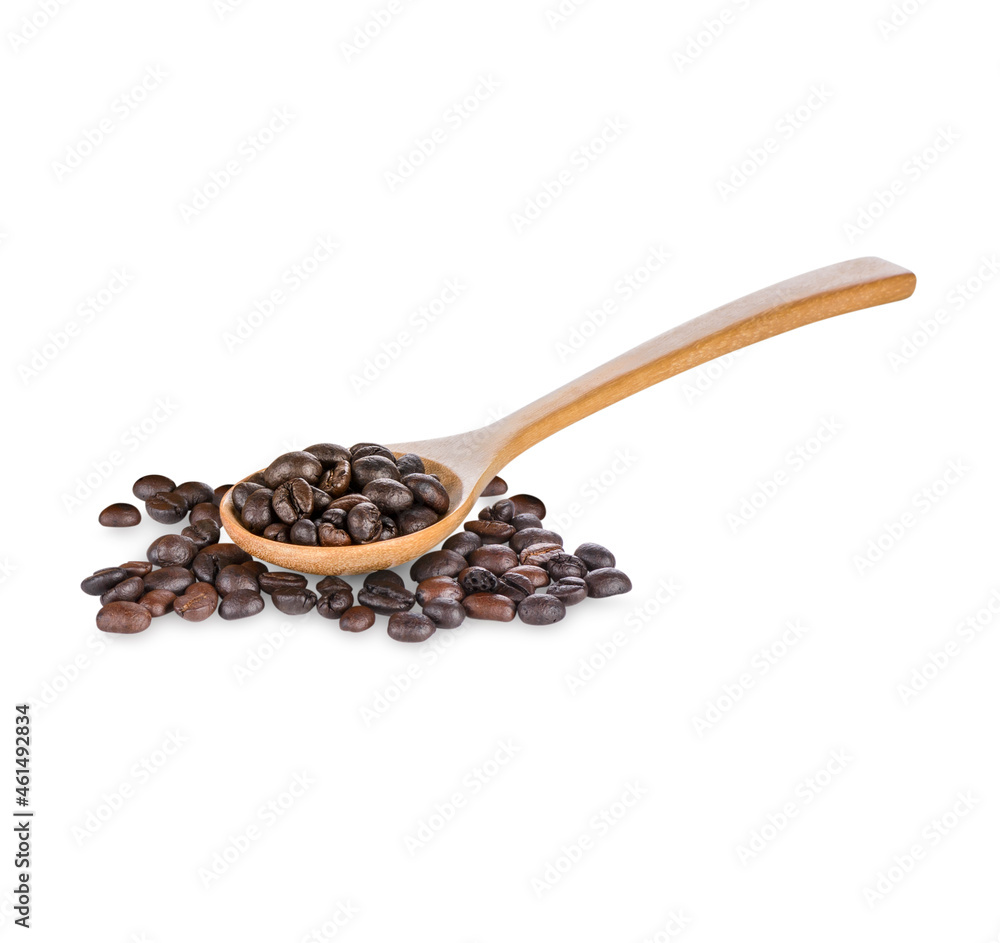 Coffee beans and coffee beans in spoon isolated on white background Coffee beans and coffee beans in spoon isolated on white background