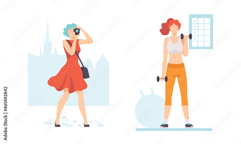 Young Female with Camera Taking Photo and in Gym Lifting Dumbbell Vector Set