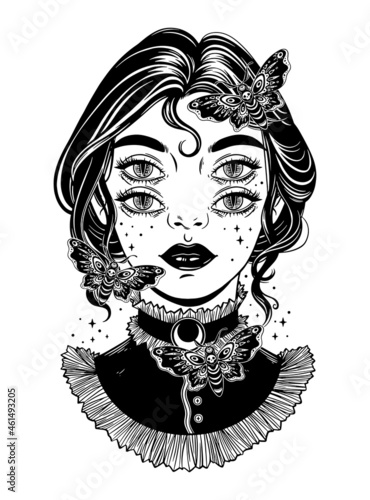 Cute victorian witch with butterflies and four eyes