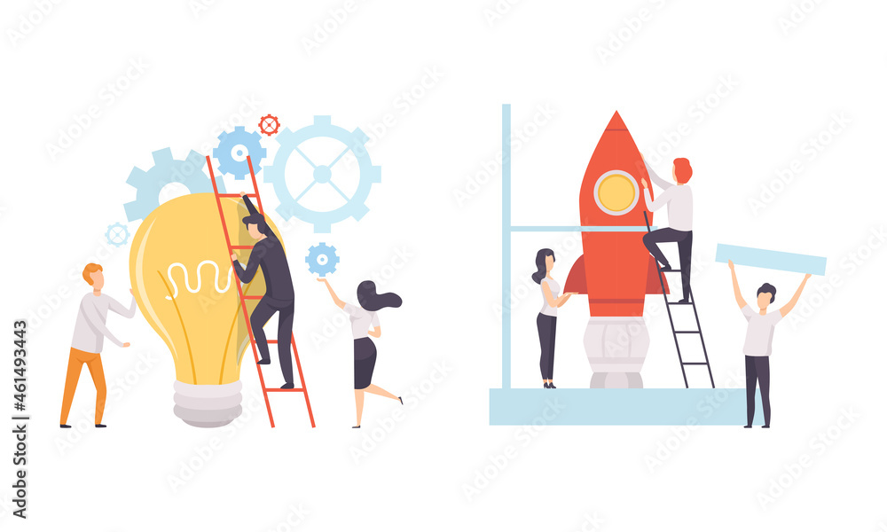 Office Colleague Working Together Launching Rocket and Climbing Up Light Bulb Vector Set Office Colleague Working Together Launching Rocket and Climbing Up Light Bulb Vector Set