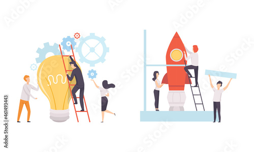 Office Colleague Working Together Launching Rocket and Climbing Up Light Bulb Vector Set photo