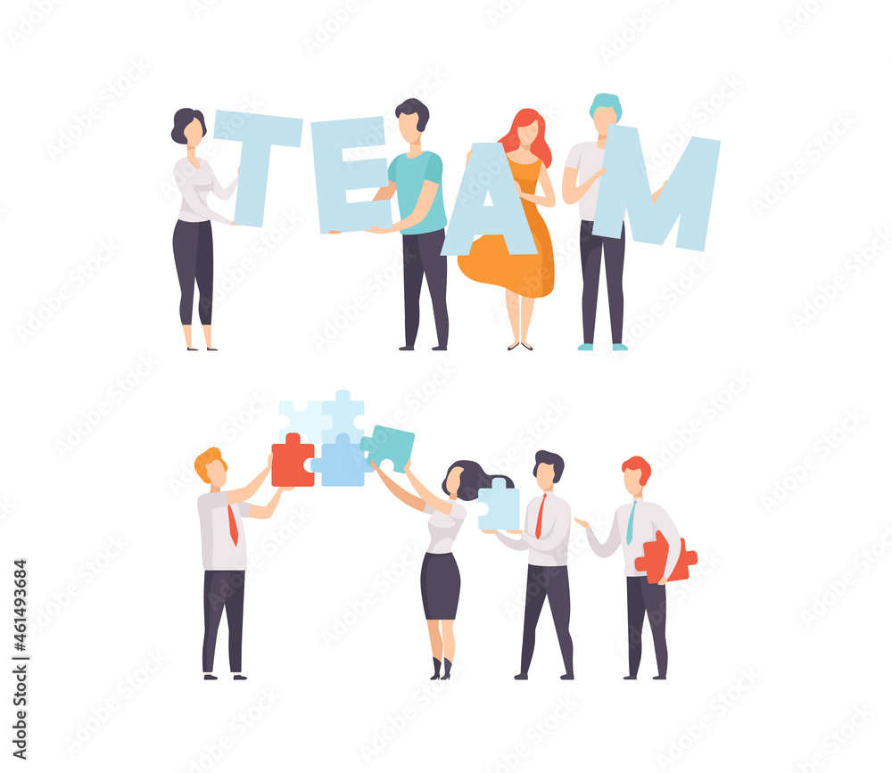 Office Colleague Working Together Solving Jigsaw Puzzle Vector Set Office Colleague Working Together Solving Jigsaw Puzzle Vector Set