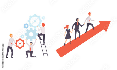 Office Colleague Working Together Spinning Gear and Climbing Arrow Vector Set photo