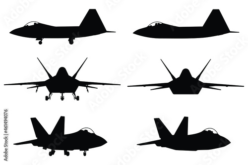 Fighter jet aircraft silhouette vector on white background, military vehicle technology, set of air force weapon in black and white.