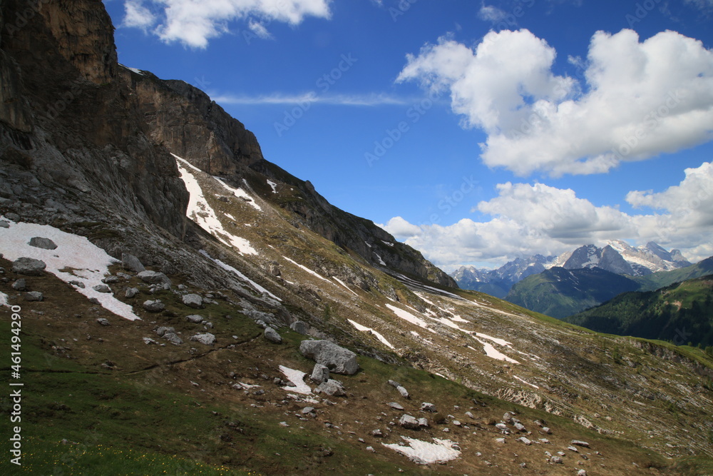 Landscape of the Dolomites along the path between the Giau pass and Mount Formin