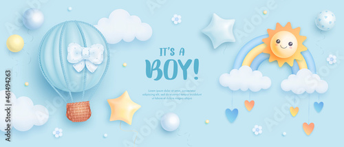 Baby shower horizontal banner with cartoon hot air balloon, rainbow, sun, helium balloons and clouds on blue background. It's a boy. Vector illustration