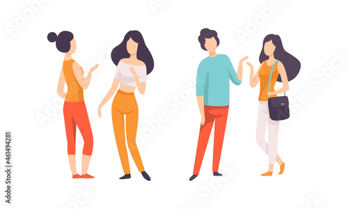 Male and Female Friend Spending Time Together Standing and Gossiping Vector Set