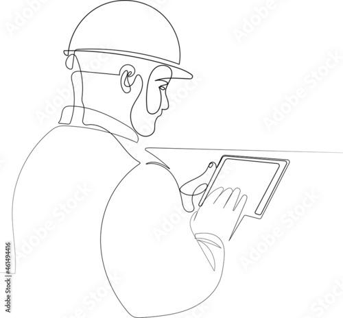 Close up picture of young focused male manager standing in factory and holding tablet dressed in white coat. Vector illustration