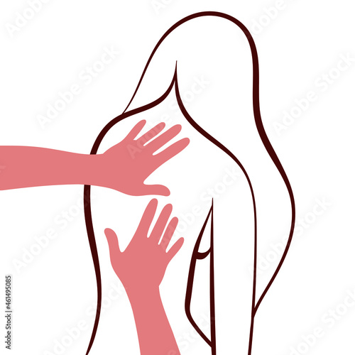 vector illustration of a woman sitting with her back and hands of a masseur giving her a back massage isolated on a white background. useful for massage parlor, spa, vertebrologist, back pain remedie.