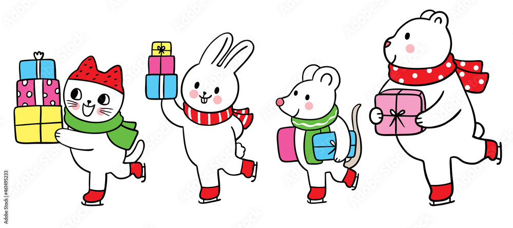 Naklejka premium Cartoon cute Christmas and New year animals and presents vector.