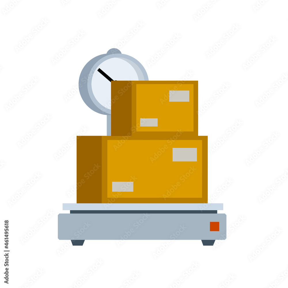 Box is on scale. Industrial device with platform for heavy loads. Logistics and delivery. Flat cartoon illustration. Weighing of cargo and parcels Box is on scale. Industrial device with platform for heavy loads. Logistics and delivery. Flat cartoon illustration. Weighing of cargo and parcels