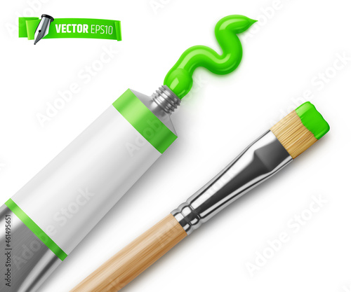 Vector realistic illustration of a green paint tube and a paintbrush on a white background.