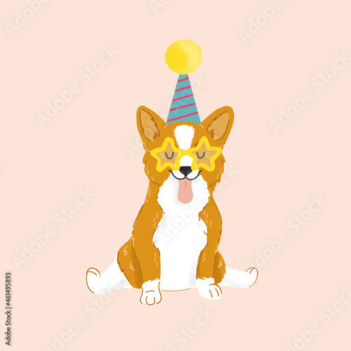 Cute corgi puppy. Funny dog ​​with glasses stars. Happy birthday or party invitation.