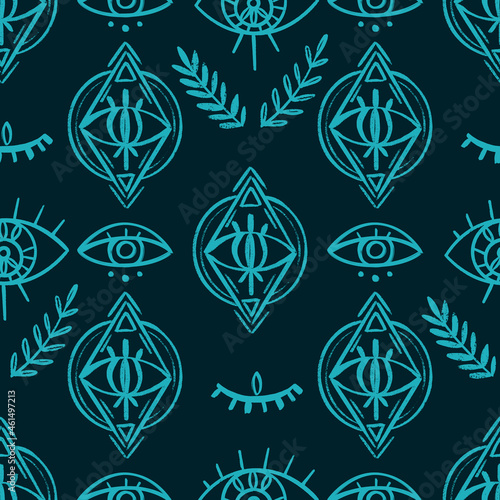 Doodle Psychedelic Eyes Seamless Pattern. Boho Occult Wallpaper and textile surface background. 