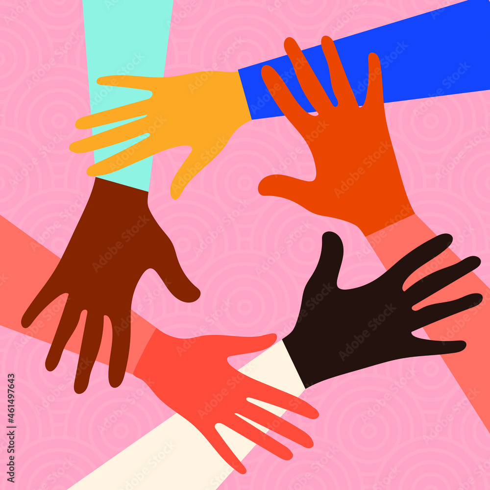 Hands of people of different nationalities and religions. Feminism concept design for cards, posters with pink background. Activists stick together. Vector. Hands of people of different nationalities and religions. Feminism concept design for cards, posters with pink background. Activists stick together. Vector.