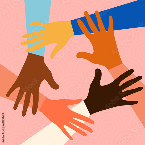 Hands of people of different nationalities and religions. Feminism concept design for cards, posters with pink background. Activists stick together. 