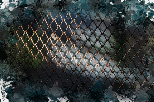 A bright ray of sunlight on a rusty rabiza grid. Metal fence close-up. photo