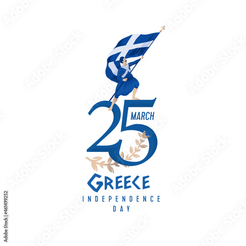 Ancient Greek rebel raises the flag of Greece as a sign of national victory. Happy Independence Day of Greece, March 25, vector illustration. Suitable for greeting card, poster, banner or cup