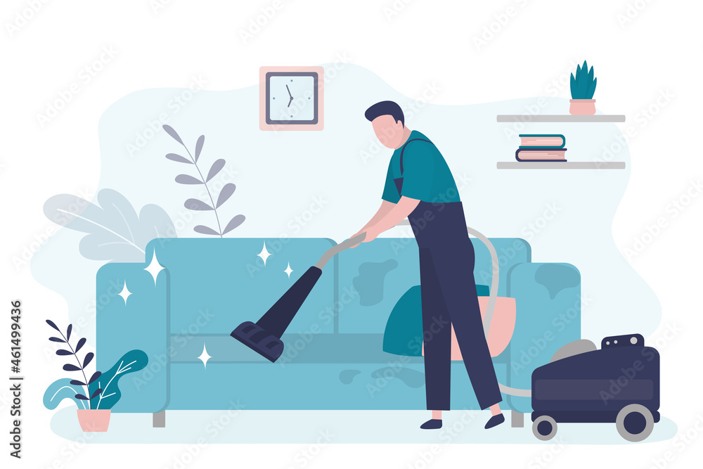 Worker cleaning dirty sofa with vacuum cleaner. Male housekeeper vacuumed  half of couch Stock-vektor | Adobe Stock